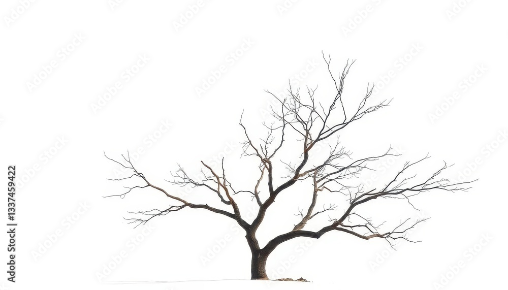 Fototapeta premium Lone tree, stark branches against pure white backdrop, foliage, illustration