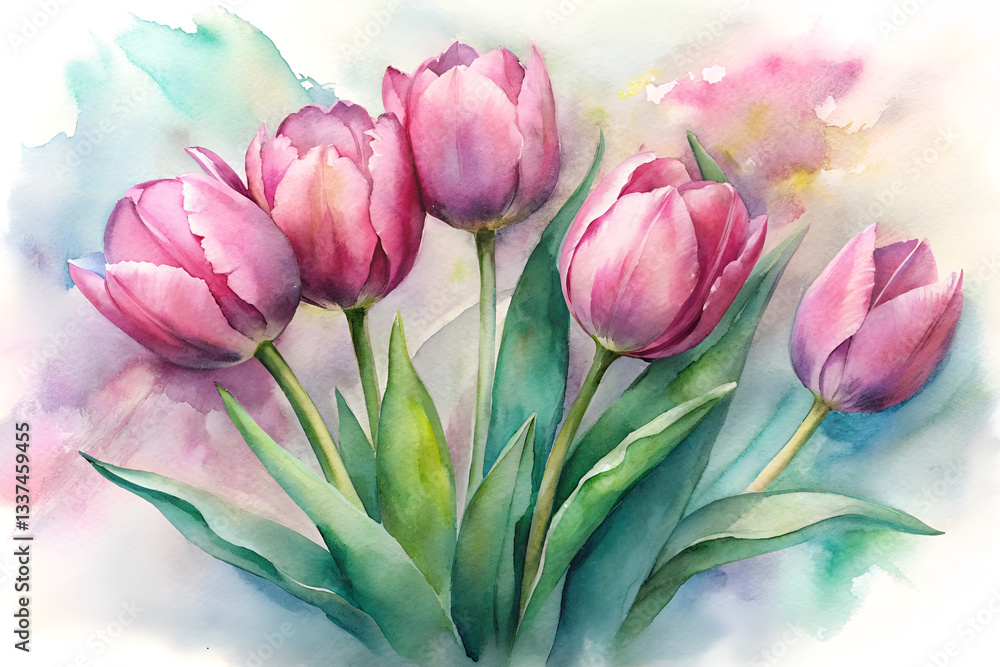 Obraz premium Watercolor Pink Tulip Bouquet Art Illustration
