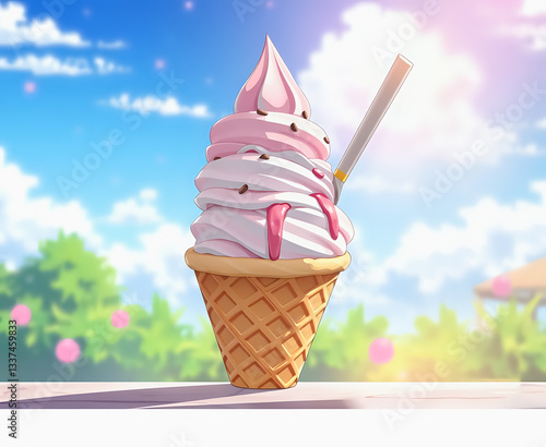 A charming illustration of an ice cream cone featuring swirls of pink and white soft serve, topped with chocolate sprinkles and a drizzle of strawberry syrup against a bright sky.