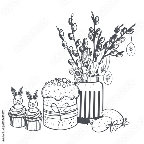Easter cake with flowers and willow branches, eggs and bunny cupcakes.  Vector sketch  illustration. 
