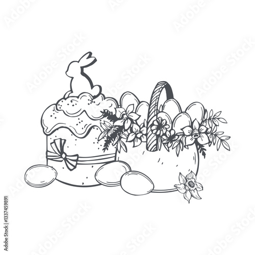 Easter cake with eggs and  basket of flowers.  Vector sketch  illustration. 
