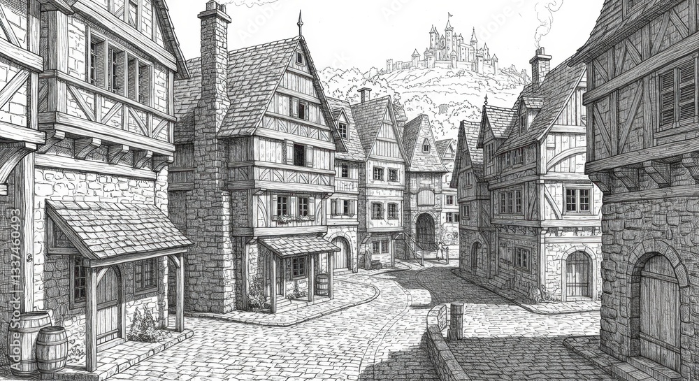 Obraz premium Medieval European Village Line Art