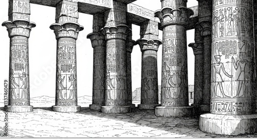 Black and White Illustration of Ancient Egyptian Temple with Columns and Hieroglyphs