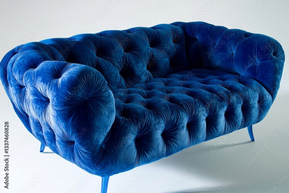 Obraz premium Elegant Blue Quilted Fabric Sofa From a Birds Eye Perspective on a White Backdrop