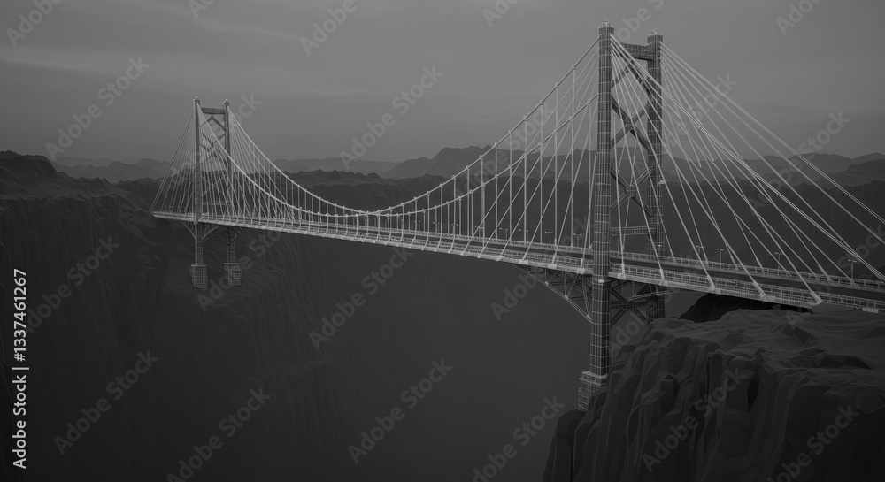 Fototapeta premium Wireframe of a Large Suspension Bridge Spanning a Canyon
