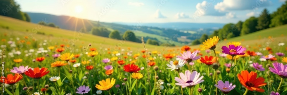 Obraz premium Vibrant wildflowers bloom in a sun-drenched meadow, rolling hills in the background , sky, nature