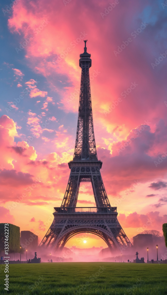 Naklejka premium Iconic tower in city center at sunset. The sky is a vibrant mix of pink and purple. The scene evokes beauty and history.