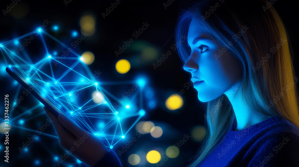 Woman using tablet with futuristic hologram showing connections and data flow Woman using tablet with futuristic hologram showing connections and data flow
