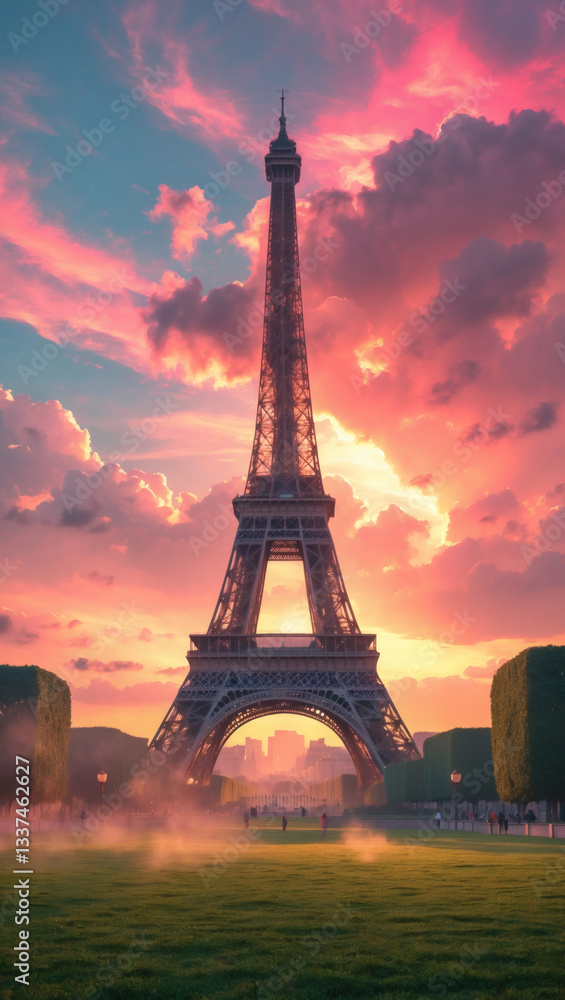 Naklejka premium Iconic landmark rises against a vibrant sunset sky, casting a soft glow over the surrounding landscape. A peaceful scene.