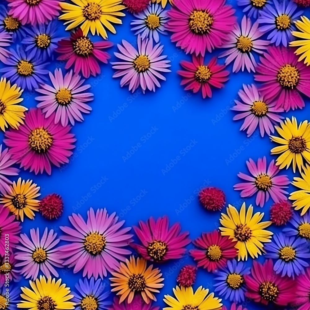 Vibrant Flower Frame for Blue Background. Vibrant Flower Frame for Blue Background.
