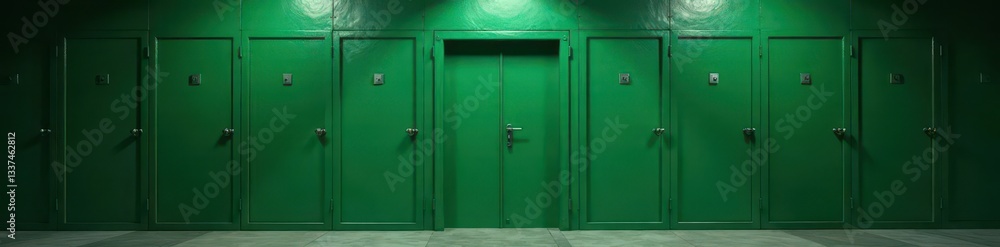 Heavy green prison cell door stands out amongst a row of identical steel doors , detention, abandoned Heavy green prison cell door stands out amongst a row of identical steel doors , detention, abandoned