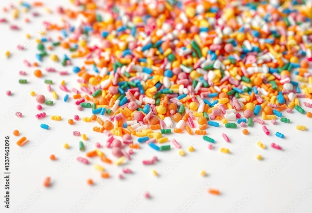 Rainbow candy sprinkles scattered on pristine white surface, colorful candy, topping Rainbow candy sprinkles scattered on pristine white surface, colorful candy, topping