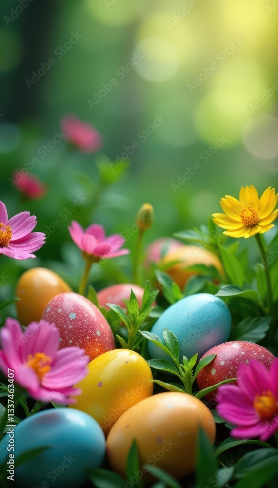 Scattered Easter eggs hidden in a flower garden , fun, flowers, pastel Scattered Easter eggs hidden in a flower garden , fun, flowers, pastel
