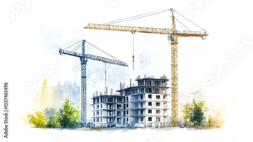 Construction cranes over building under construction, watercolor style illustration