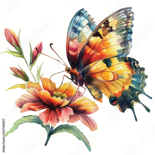 A beautiful butterfly landing on a flower cartoon style watercolor