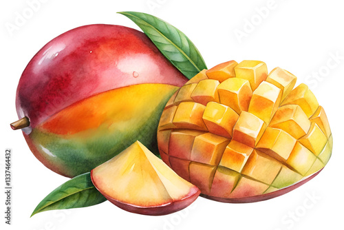 Vibrant Mango Watercolor Illustration with Slices and Leaves