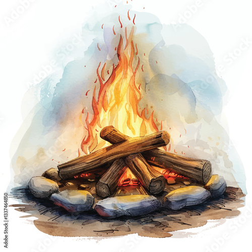 A cozy campfire cartoon style watercolor