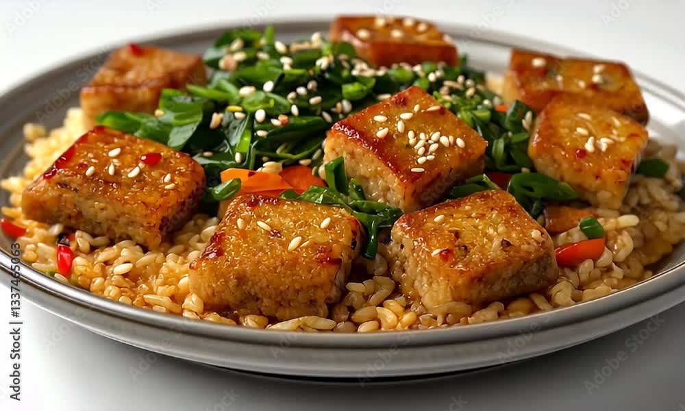 Deliciously Plated Tofu and Vegetable Dish on Rice with Garnish and Sauce in Natural Lighting Deliciously Plated Tofu and Vegetable Dish on Rice with Garnish and Sauce in Natural Lighting