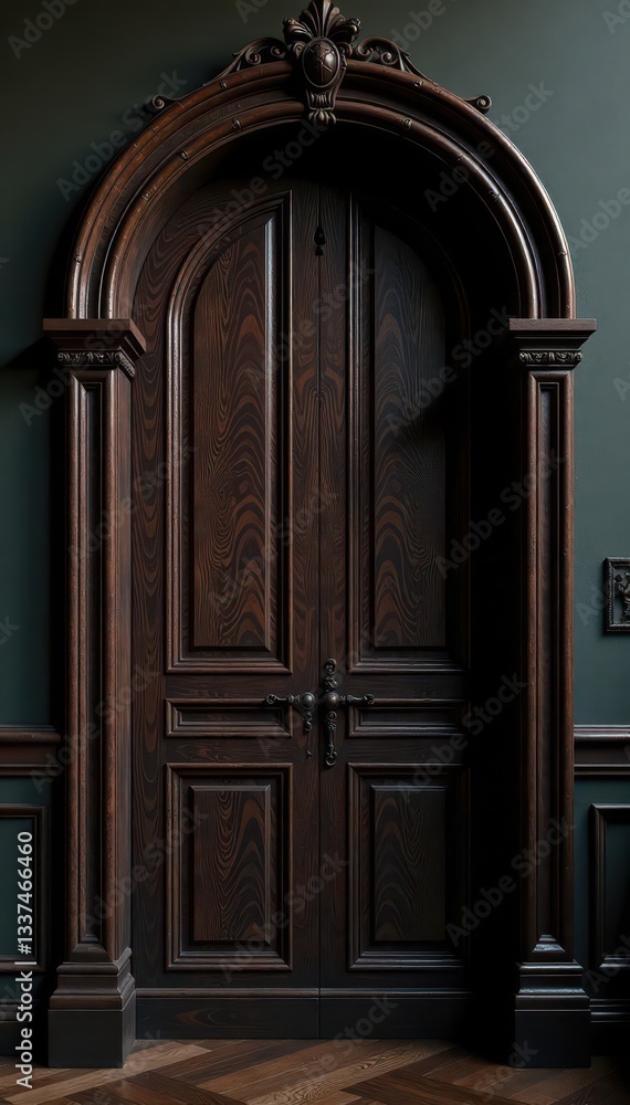 Dark wood, arched top, ornate molding, keyhole , doorway, light, shape Dark wood, arched top, ornate molding, keyhole , doorway, light, shape
