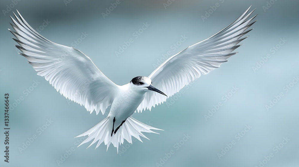Obraz premium A majestic white tern bird with black cap soars gracefully through the air with wings fully extended in flight.