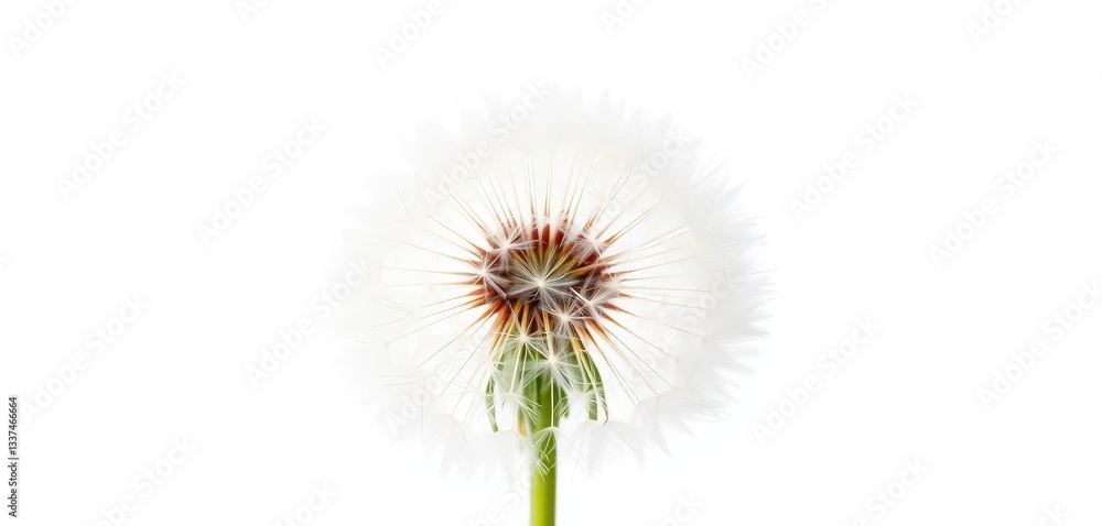Fototapeta premium Fluffy dandelion seed head on white background, delicate wispy seeds ready to blow, background, flower