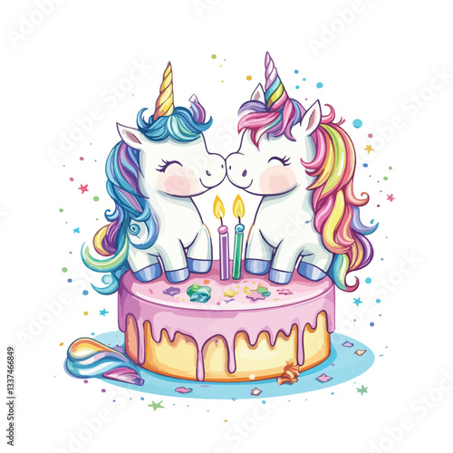 Magical Cute Unicorns Surprise Birthday Celebration Vector Illustration
