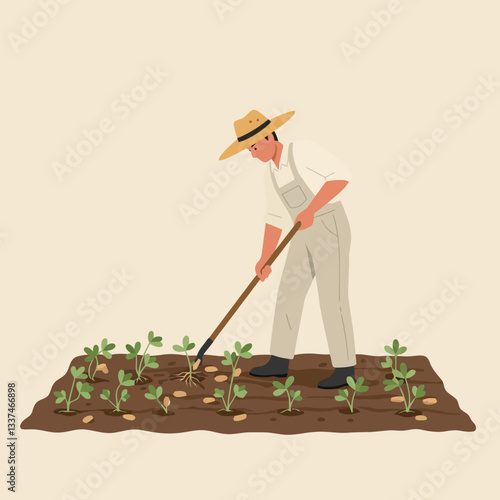 Farmer Tending to Garden Using Hand Tool for Vegetable Growth