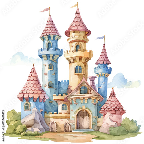 A whimsical castle cartoon style watercolor