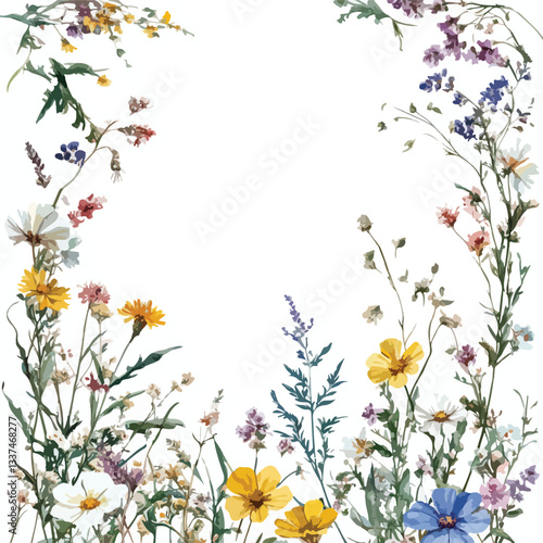 Elegant Dainty Wildflowers Frame - Isolated White Background EPS