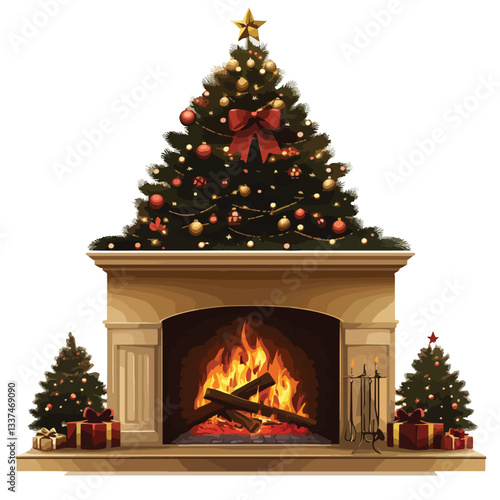 Festive Christmas Tree and Fireplace With Burning Fire - Holiday Decorations