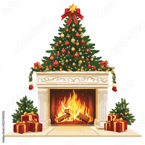 Festive Christmas Tree and Fireplace With Burning Fire - Holiday Decorations