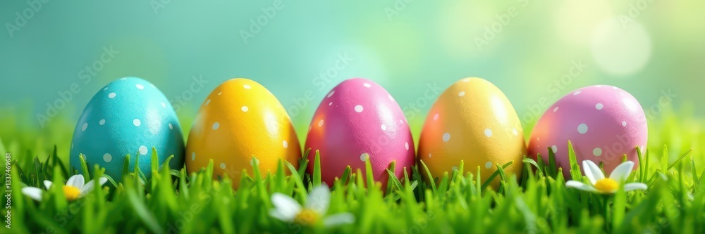 Speckled and solid colored Easter eggs on lush grass, image, garden, chocolate Speckled and solid colored Easter eggs on lush grass, image, garden, chocolate
