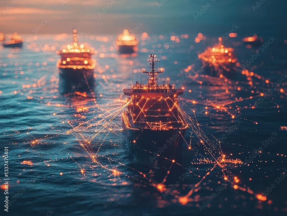 Fototapeta premium Autonomous ships navigating global shipping routes to optimize fuel efficiency, Autonomous Vehicles, Sustainable and innovative