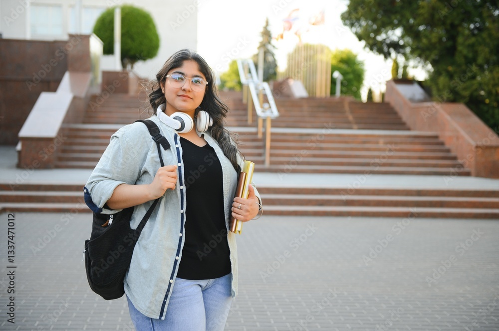 Fototapeta premium Portrait of a cheerful smart student girl studying with books. Indian student educational young teenager girl at outside campus