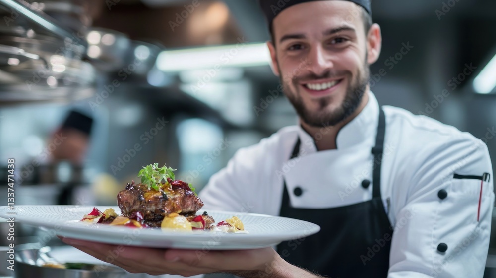 Smiling Chef Presents Exquisite Dish in Restaurant Kitchen Setting professionally Smiling Chef Presents Exquisite Dish in Restaurant Kitchen Setting professionally