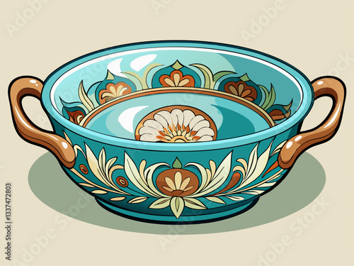 vector of deep porcelain serving dish with two small side handles