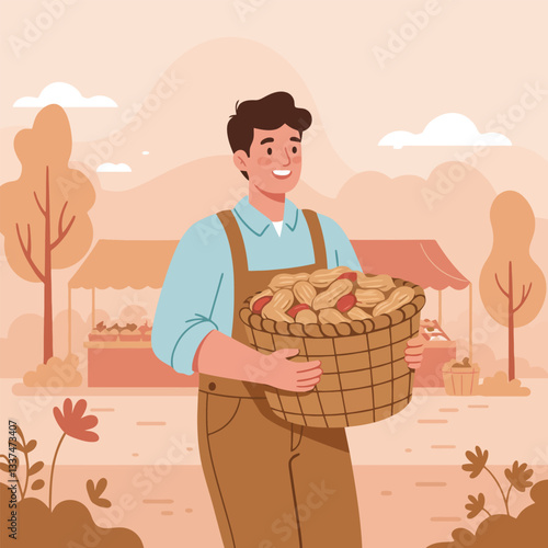 Farmer Carrying Basket of Peanuts at Outdoor Market Illustration