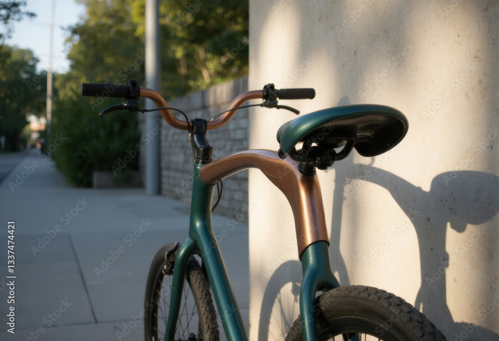 A stylish bicycle leaning against a concrete wall in the evening light A stylish bicycle leaning against a concrete wall in the evening light