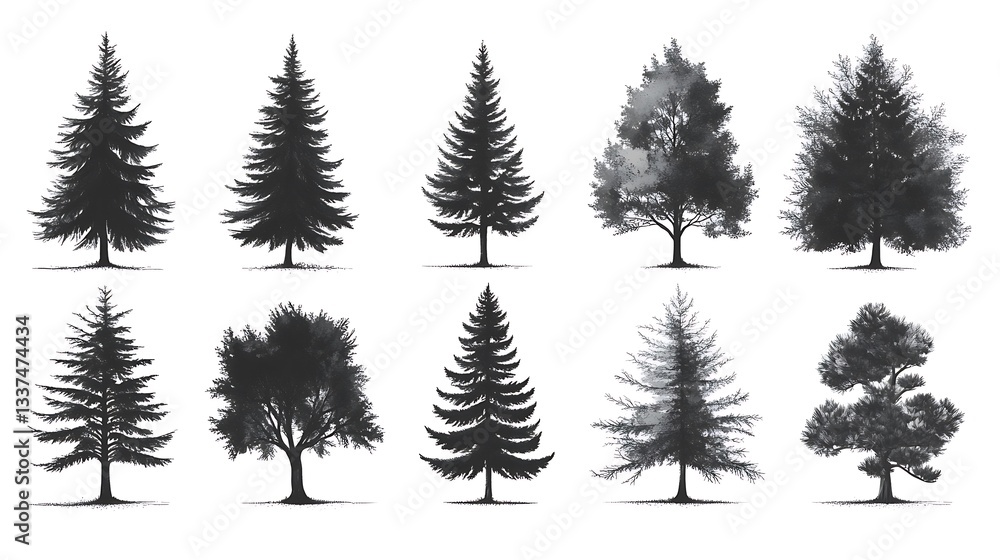 Obraz premium Collection of black silhouette tree illustrations.