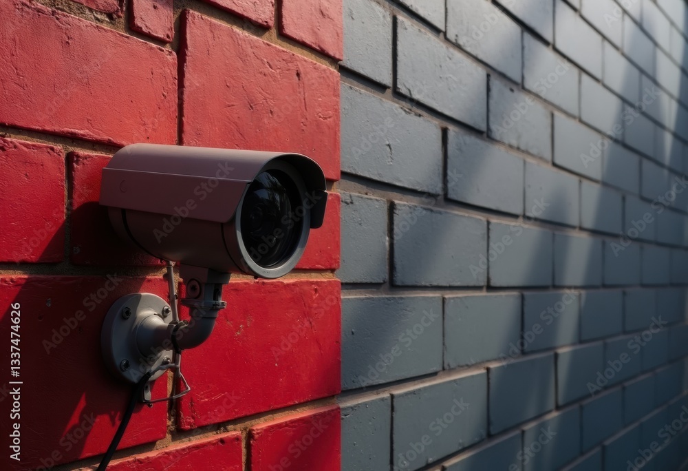 Security camera mounted on a colorful brick wall, providing surveillance Security camera mounted on a colorful brick wall, providing surveillance