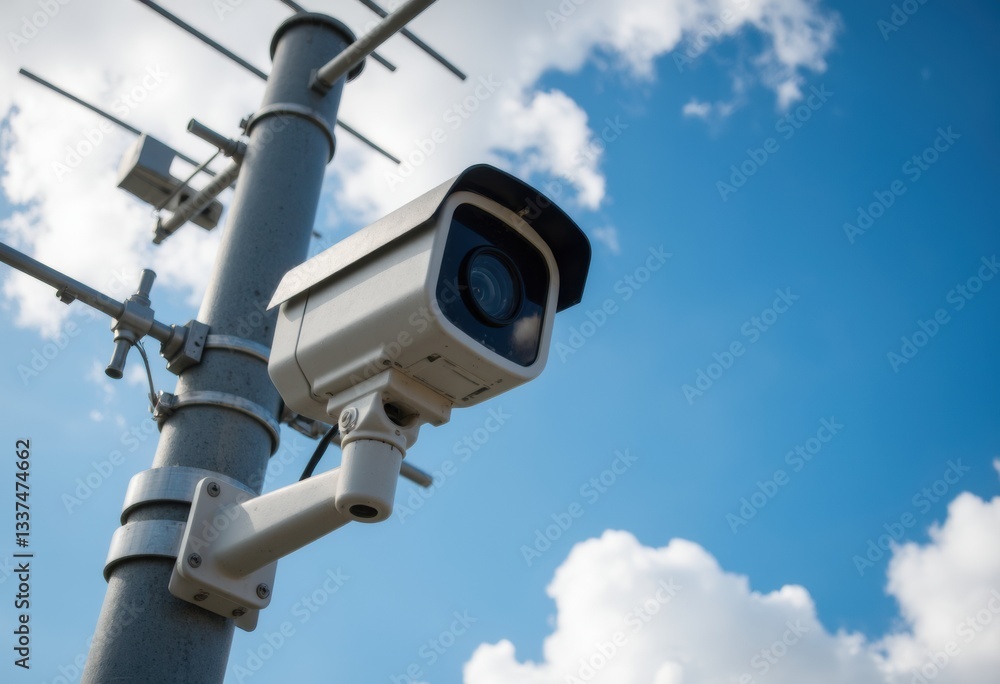 Security camera mounted on a pole against a blue sky with clouds Security camera mounted on a pole against a blue sky with clouds
