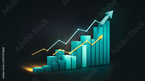 Free Download 3D teal bar graph with upward trending arrows, showcasing growth, progress, and success in business, finance or marketing concepts - GFXLoad