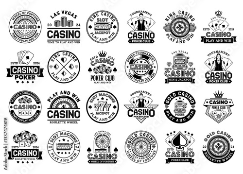 Retro casino and poker monochrome logo sign badge vector collection. Vintage gambling and casino logo vector design. Set of vintage design elements for casino and gambling