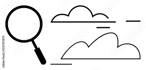 Enlarged magnifying glass near fine-line clouds, representing focus and clarity on abstract, conceptual ideas. Ideal for research, discovery, problem-solving, analysis, technology, innovation