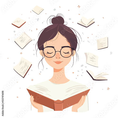 Dreaming Girl Book Lover Cartoon Vector Concept