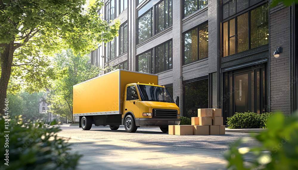 Yellow delivery truck with open back, cardboard boxes on the street. Logistics, shipping services, urban delivery, transportation concept Yellow delivery truck with open back, cardboard boxes on the street. Logistics, shipping services, urban delivery, transportation concept