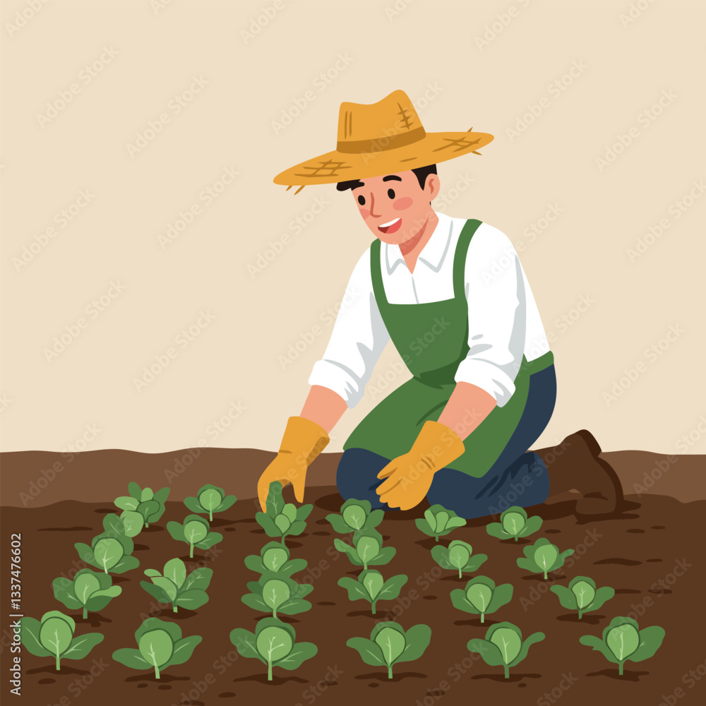 Farmer Inspecting Growing Crops in Field with Straw Hat Farmer Inspecting Growing Crops in Field with Straw Hat