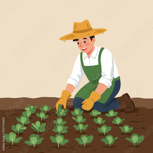 Farmer Inspecting Growing Crops in Field with Straw Hat
