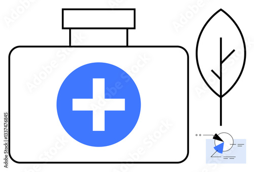 Medical kit with a blue cross, stylized leaf, and chart. Ideal for healthcare, wellness, sustainability, natural remedies, medicine health data prevention. Flat simple metaphor