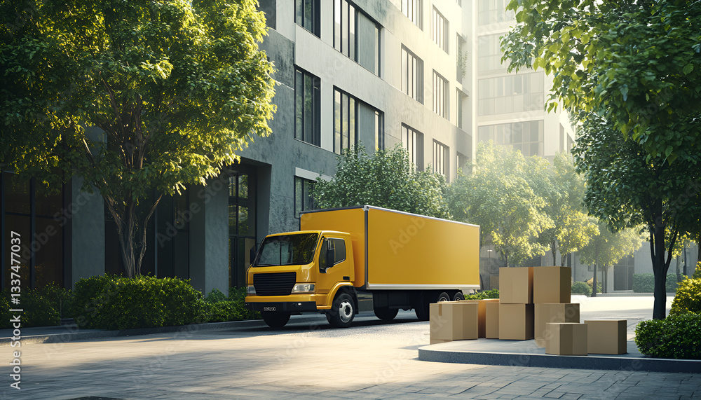 Yellow delivery truck with open back, cardboard boxes on the street. Logistics, shipping services, urban delivery, transportation concept Yellow delivery truck with open back, cardboard boxes on the street. Logistics, shipping services, urban delivery, transportation concept